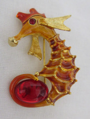 Vintage Gold Tone Lind Gal LG Enamel & Faux Red Cabochon Stone Seahorse Brooch