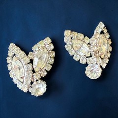 Weiss Earrings Rhinestone Clip On Clear Navette Signed Vintage Mid Century