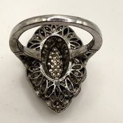 Vintage Art Deco Revival Blue Rhinestone Navette Cocktail Ring Silver Tone 9.75