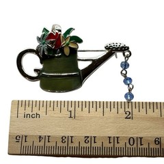 Watering Can Brooch Pin Green Enamel Floral Blue Dangle Beads Gardening Nature