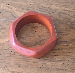 1″ Vintage Hexagon Geometric Goldtone & Wood Chunky Bangle Bracelet