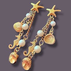 Starfish Earrings Seahorse Shell Dangle Vintage Gold Tone Faux Pearl Pierced