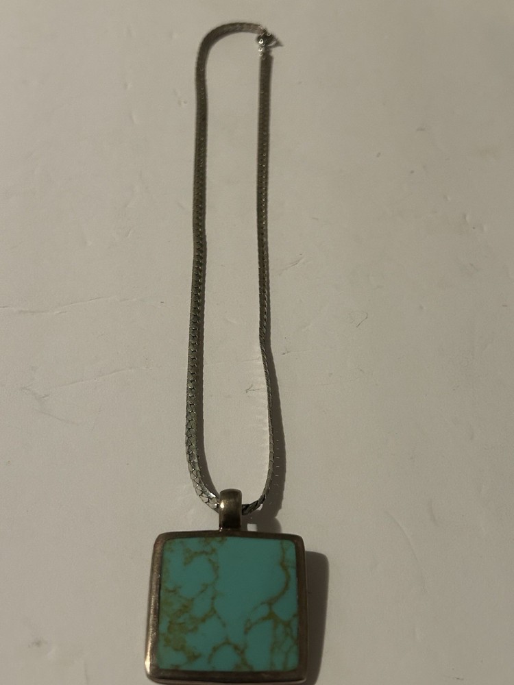 Vintage Simulated Turquoise Pendant 925 & Sterling Chain Necklace 18”L 26 Grams