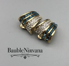 Vintage Look of Real Gold Plated Earrings Square Sapphire Blue&Rhinestones