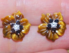 VINTAGE TIGERS EYE FLOWER JACKETS FOR EARRINGS USE WITH ANY STUDS