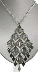 Vintage Large Pendant Necklace Fan Scallop Diamond Shape Silver Tone Chain 18″