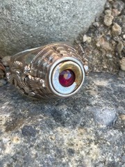 Antique signet silver PV 835 French Poison finger ring/red cabochon center