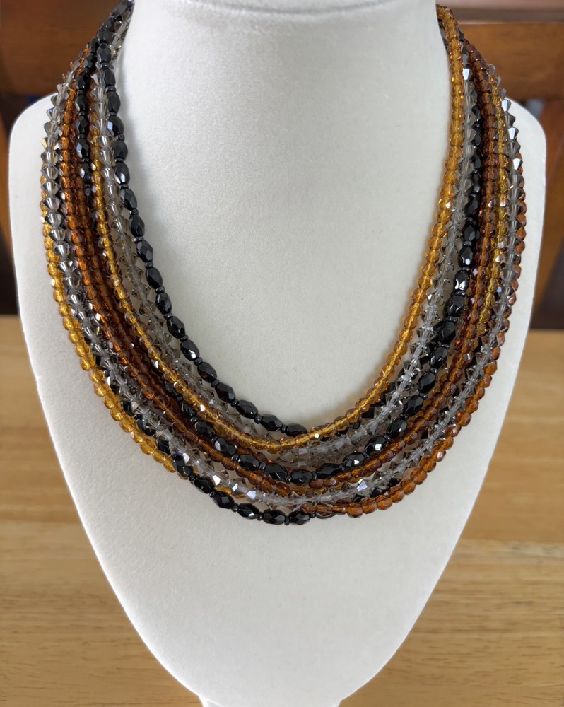 VTG Vendome Torsade 10 Strand Varied Shape Amber Black Gray Bead Necklace WOW