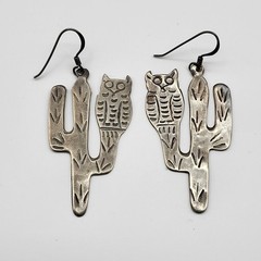 Beautiful Sterling Silver Earrings Southwest Artisan Signed Owl Cactus