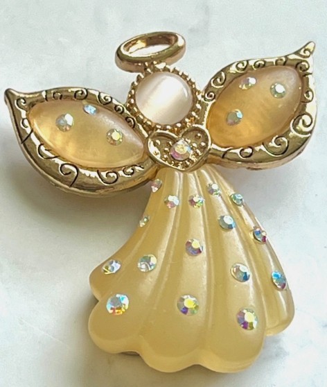 VINTAGE Angel Brooch AB Rhinestones Resin Gold Tone 2″ Pin Designer Signed KC
