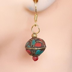 Vintage 2.90ctw Turquoise & Carnelian 14K Yellow Gold Silver Earrings 6g