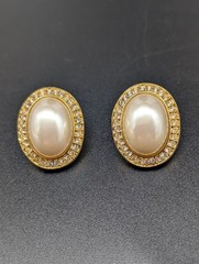 Vintage MARVELLA Gold Tone Rhinestone & Faux Pearl Cabochon Pierced Earrings