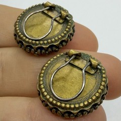 Vtg Old Confetti Glass Blue Foil Cabochon Brass Huggie Chunky Earrings Clip-on
