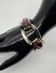 Vintage Modernist-Style Chunky Bracelet Silver-Tone Oval Prong-Set Purple Stones
