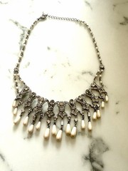 Vintage Ornate Carol Lee Rhinestone Faux Pearl Drop Choker Necklace Deco Gala