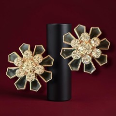Art Deco Rhinestone Earrings Black Enamel Screwback Cogwheel Vintage