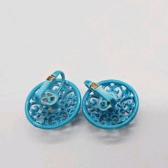 Turquoise Blue Filigree Clip on Earrings enamel Round Couture Vintage .75 in
