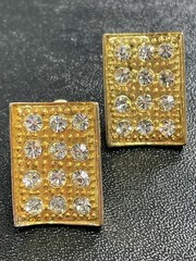 Vintage 1.1” Crystal Rhinestone Gold Tone Metal Rectangle Clip Earrings
