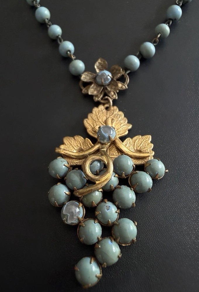 Antique Czech Glass Grape Cluster Necklace Brass Blue Bead Art Deco Neiger Style
