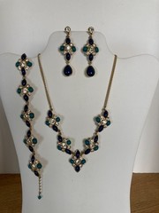 Vtg Avon JJH Blue Green Cabochon Clear Rhinestone Necklace Bracelet Earrings Set