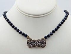 Estate LaVintage Black Faceted Glass Beaded Collar Length Necklace Ornate Clasp