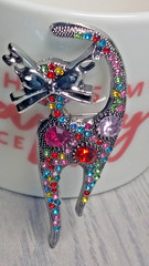 Silver Tone Multi Colored Rhinestone Cat Brooch