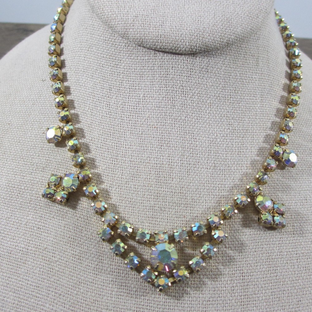 Vintage Art Deco Necklace AB Rhinestone Gold Tone 15 Inch
