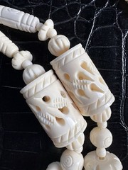 VTG Necklace Natural Carved Bovine Bone Silvertone Barrel Clasp 30” Handcrafted