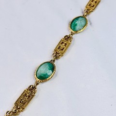 Vintage Accessocraft NYC Gold Tone Green Slag Glass Link Necklace 30” Pat Pend