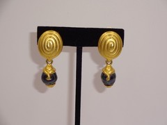 Vintage 1980s 1990s CH Carolina Herrera Gold Tone & Blue Clip On Earrings Marked