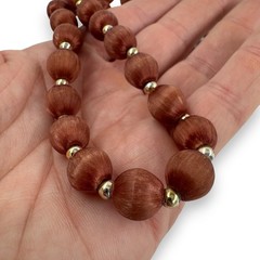 Vintage 80s True Brown Silk Covered Beaded Necklace & Clip On Earring Set