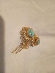 Gold Tone Aqua Blue Marbled Stone Flower Brooch 2 3/4 In. Unique!
