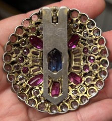 Vintage HOBE Filigree Clip Brooch Ruby Red Aqua & Clear Glass Stones