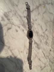 Vinta 925 Sterling Silver Black Onyx Marcasite Multi Strand Floral Bracelet 8.5”