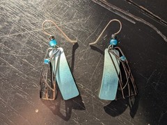 Artsy Boho Chic Dangle Blue & Black Metal Art Deco Earrings Modern Abstract