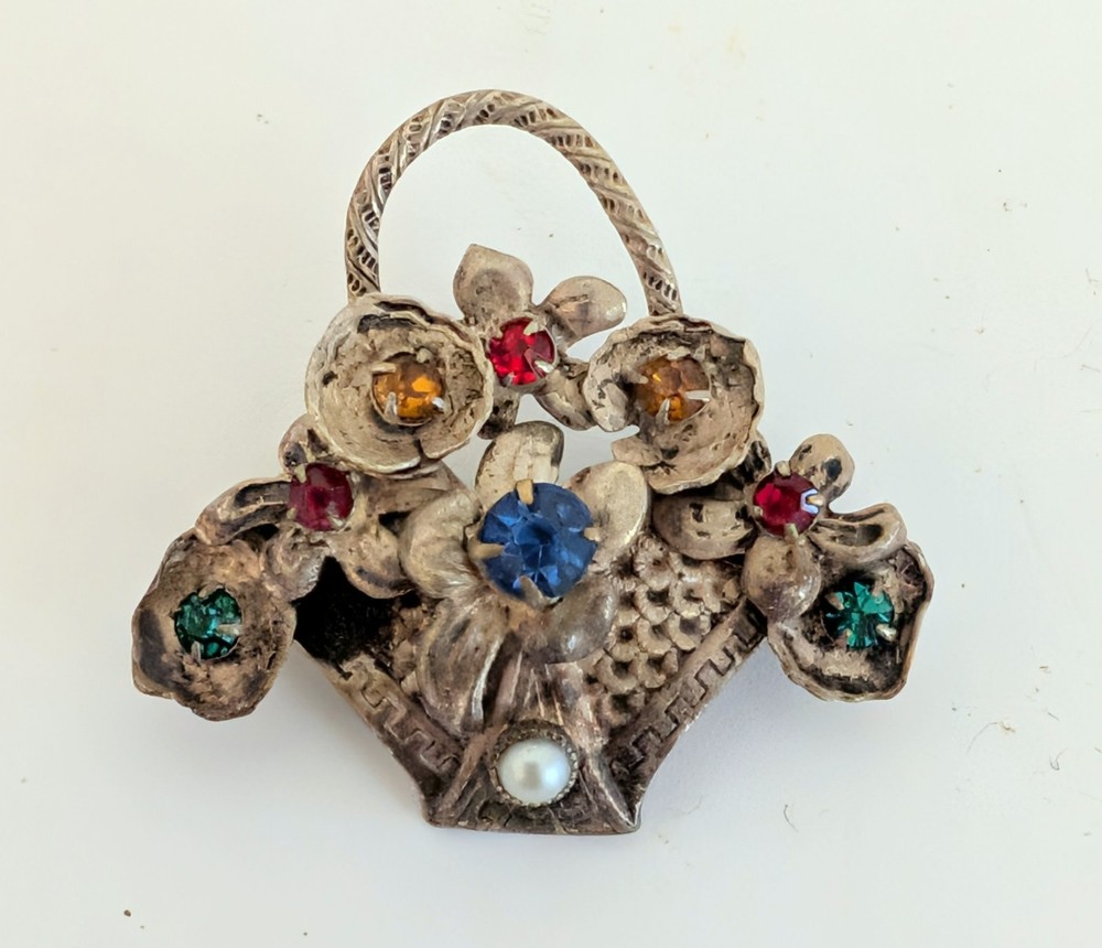 Wonderful Small Antique Sterling Silver Rhinestone Flower Basket Pin Brooch