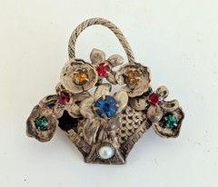 Wonderful Small Antique Sterling Silver Rhinestone Flower Basket Pin Brooch