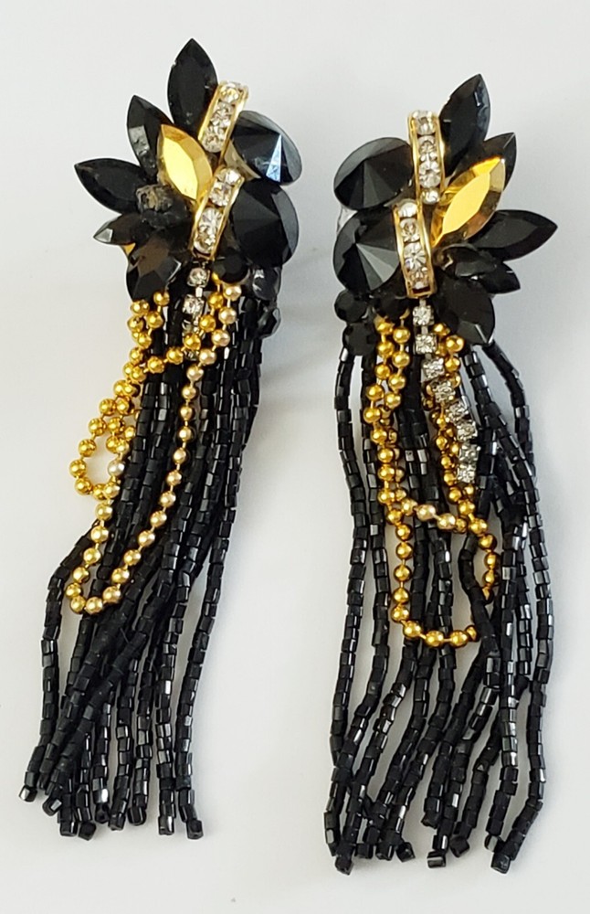 Vintage Retro Black & Gold Glass? 4″ Rhinestone Beaded Dangle Drop Earrings