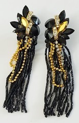 Vintage Retro Black & Gold Glass? 4″ Rhinestone Beaded Dangle Drop Earrings