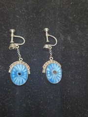 ✨ VTG Art Deco Blue Molded Glass Screwback Dangle Earrings Marcasite Style
