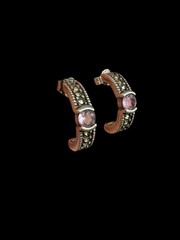 925 Silver Marcasite Amethyst Half Hoop Stud Earrings Vintage