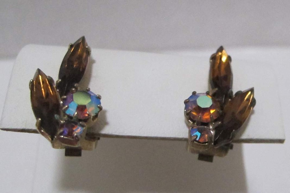 Vtg 2 Amber Marquise Shape 2 Aurora Borealis Round Rhinestones Clip Earrings
