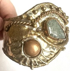 VTG Hippie Artist Studio Boho Bracelet Stone Mixed Metals Natural Cuff