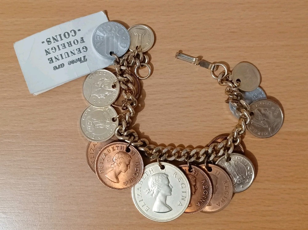 Vintage 14 Coin Bracelet Coins From Around The World 7”