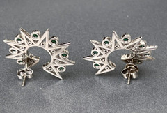 Vtg Sterling Star Point Statement Earrings, Emerald Green & Clear CZ Settings