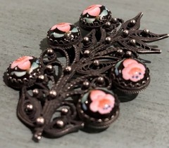 Vintage Russian Rostov Finift Filigree Hand-Painted Porcelain Cabochons Brooch
