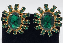 Vintage Green Oval Crystal Halo Clip On Earrings Mid Century Cocktail Cluster