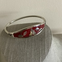 Taxco Medico silver red enamel abalone tension bangle bracelet