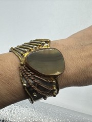 Vtg Modernist Mixed Metals Polished Agate Stone Chunky Cuff Bracelet 8″