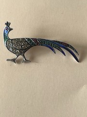 Antique Art Deco/Art Nouveau Sterling Silver Enamel/Rhinestone Peacock Brooch